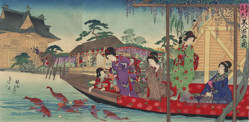 Eine Szene von Frauen, die eine Bootsfahrt vor dem Kameido Tenjin Schrein Toyohara Chikanobu genießen Ölgemälde